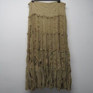 Vtg Y2K Body Central Khaki Tan Crinkle Tiered Maxi Broom Skirt L Peasant Boho ⭐